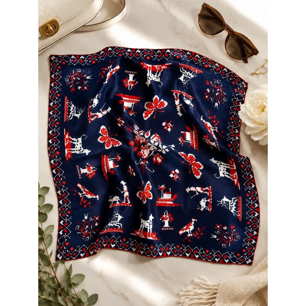 Vintage Sally Gee Silk Blend Scarf Navy Red White‎ Pixel Art Novelty Print Japan